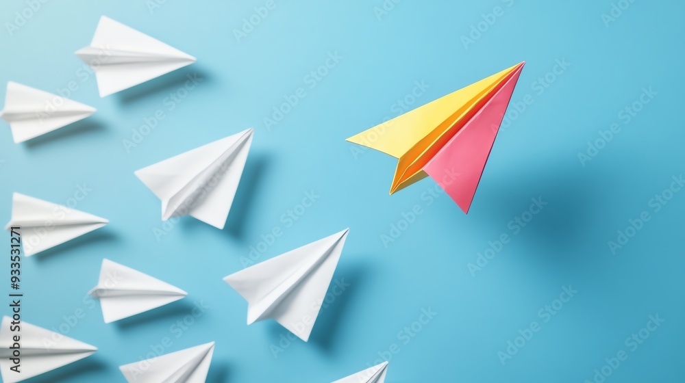 Colorful paper airplane leading the way amidst white ones on a blue background, symbolizing creativity and innovation. Colorful paper airplane leading the way amidst white ones on a blue background, symbolizing creativity and innovation.