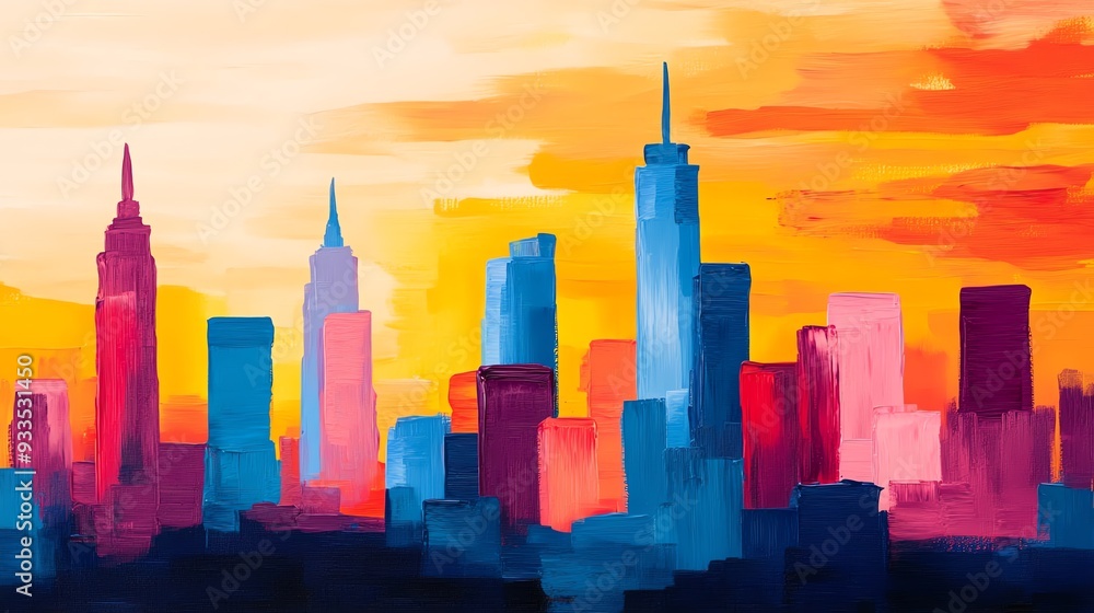 Obraz premium Vibrant city skyline at sunset, showcasing colorful skyscrapers against an orange and pink backdrop, perfect for urban themes.