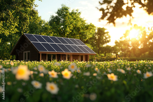 A serene home with solar panels surrounded by blooming flowers at sunset, showcasing sustainable living in nature.
