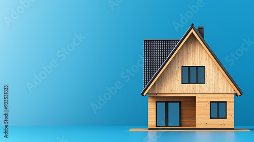 Wallpaper Mural A modern wooden house with solar panels, set against a vibrant blue background, showcasing sustainable architecture and design. Torontodigital.ca