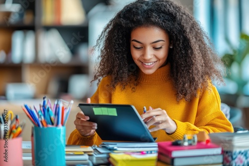 A student browsing online for school supplies, comparing prices and making a list of essentials for the upcoming semester photo