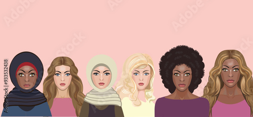 Multi ethnic women from different culture and countries. Multicultural coexistence