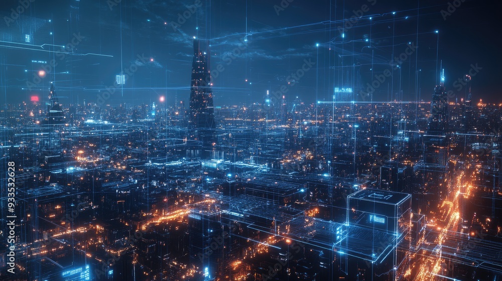 Obraz premium AI metropolis, advanced urban design, digital networks, futuristic technology