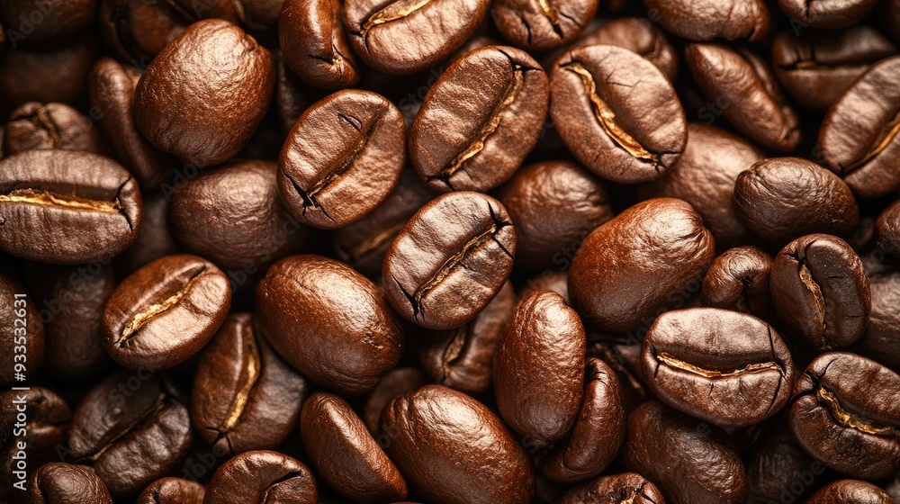A close-up of freshly roasted coffee beans, with space on the side for a message A close-up of freshly roasted coffee beans, with space on the side for a message