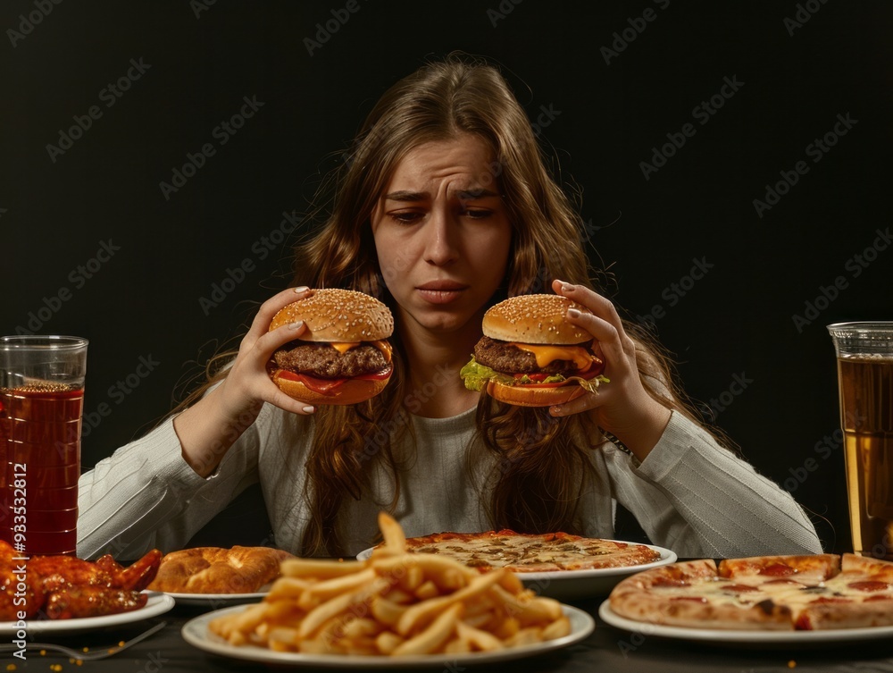 The image shows a young woman with long hair sitting at a table, holding a burger in each hand, looking distressed and overwhelmed. The image shows a young woman with long hair sitting at a table, holding a burger in each hand, looking distressed and overwhelmed.