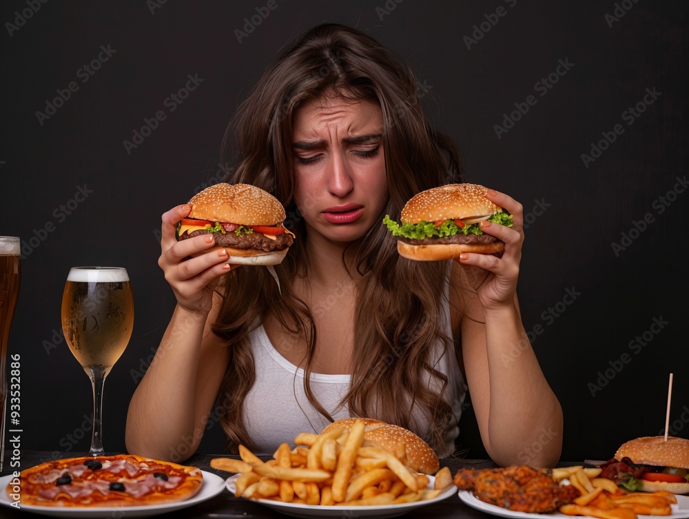 The image shows a young woman with long hair sitting at a table, holding a burger in each hand, looking distressed and overwhelmed. The image shows a young woman with long hair sitting at a table, holding a burger in each hand, looking distressed and overwhelmed.
