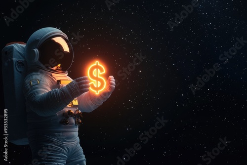 Astronaut in space touching glowing dollar sign in zero gravity, Cosmic wealth