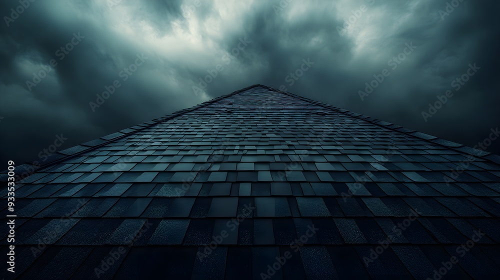 An aerial view of a roof with minor shingle damages under a dramatic sky, the play of light and shadow highlighting the imperfections, Cinematic, High contrast, Photography An aerial view of a roof with minor shingle damages under a dramatic sky, the play of light and shadow highlighting the imperfections, Cinematic, High contrast, Photography