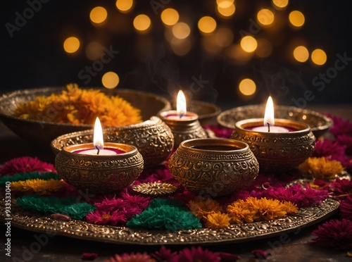 A festive Diwali evening with diyas and candles creating a tranquil and inviting atmosphere photo