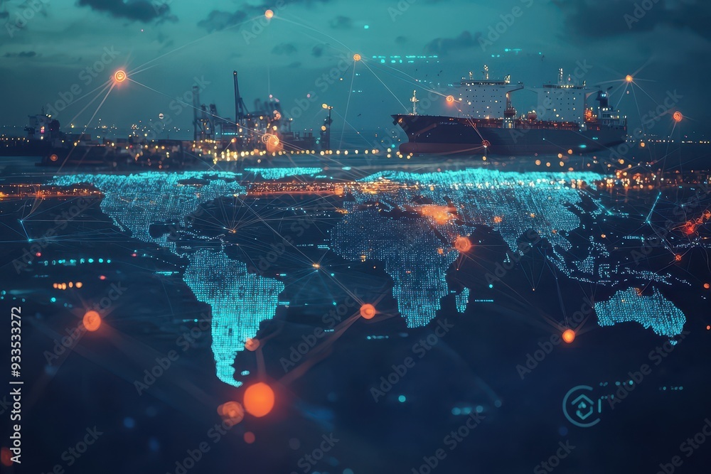 A computer generated image of a city with a large ship in the middle, global logistics and transportation concept A computer generated image of a city with a large ship in the middle, global logistics and transportation concept
