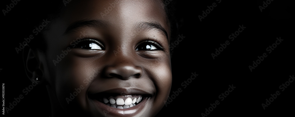 A cheerful child smiling in a dark background, showcasing joy and innocence A cheerful child smiling in a dark background, showcasing joy and innocence
