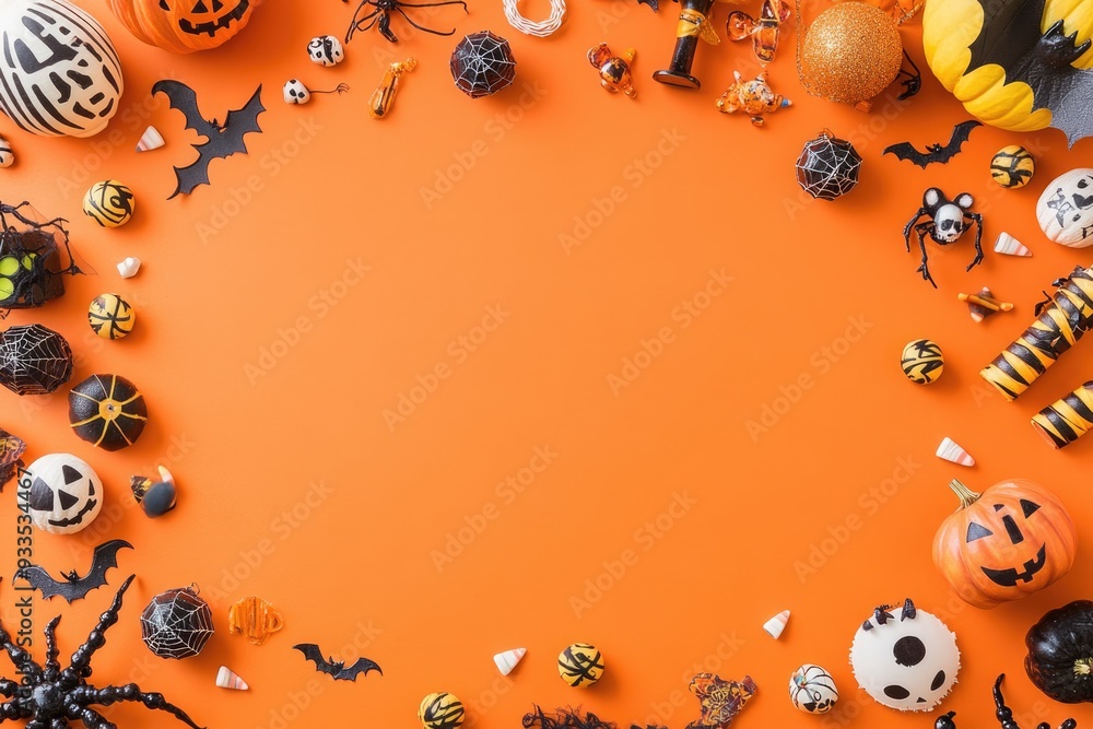Fototapeta premium Top view of Halloween decorations scattered around an empty space on an orange background, ideal for creating greeting cards or party invitations with a spooky theme