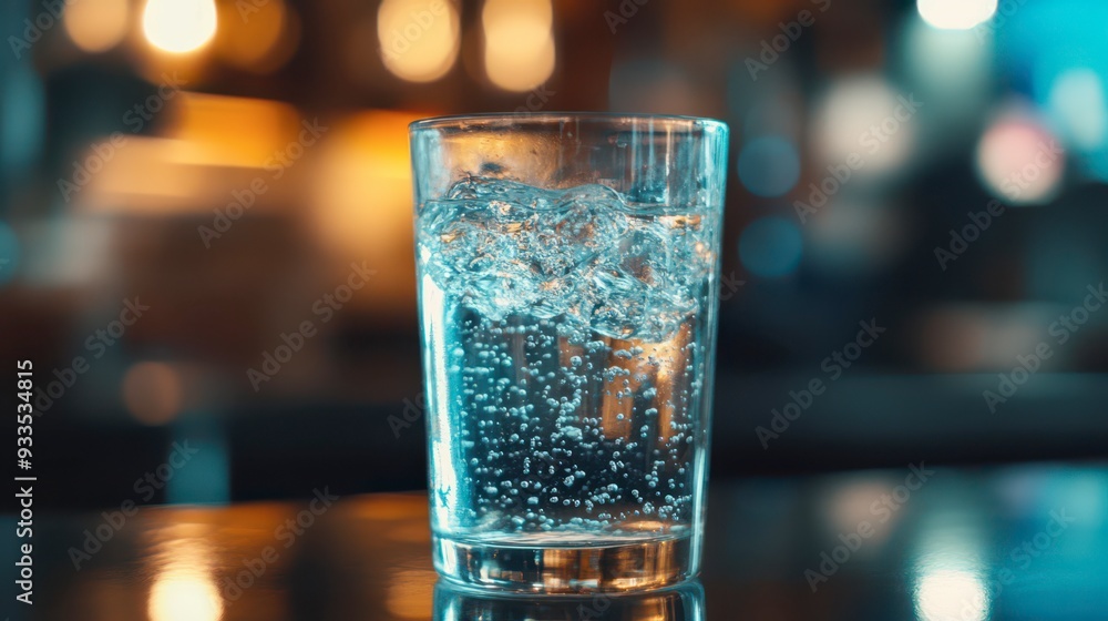 Bubbles rising in a glass of sparkling water at a bar in the evening Bubbles rising in a glass of sparkling water at a bar in the evening