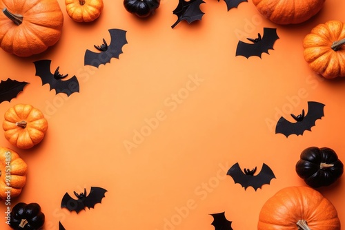 Halloween decorations like pumpkins and bats arranged on an orange background in a flat lay style, leaving space for text in the center photo