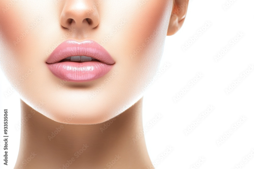 The subject has perfect lips using hyaluronic acid injections on a white background. Closeup of the subject's lips on a white background. The subject has perfect lips using hyaluronic acid injections on a white background. Closeup of the subject's lips on a white background.