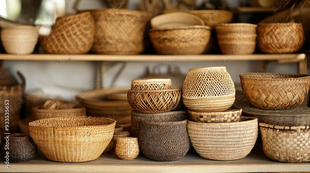 A display of handwoven baskets made from natural fibers with ample space on the left for copy A display of handwoven baskets made from natural fibers with ample space on the left for copy