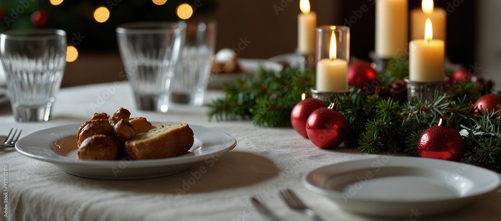 Table served for Christmas dinner in living room, close up view Table served for Christmas dinner in living room, close up view