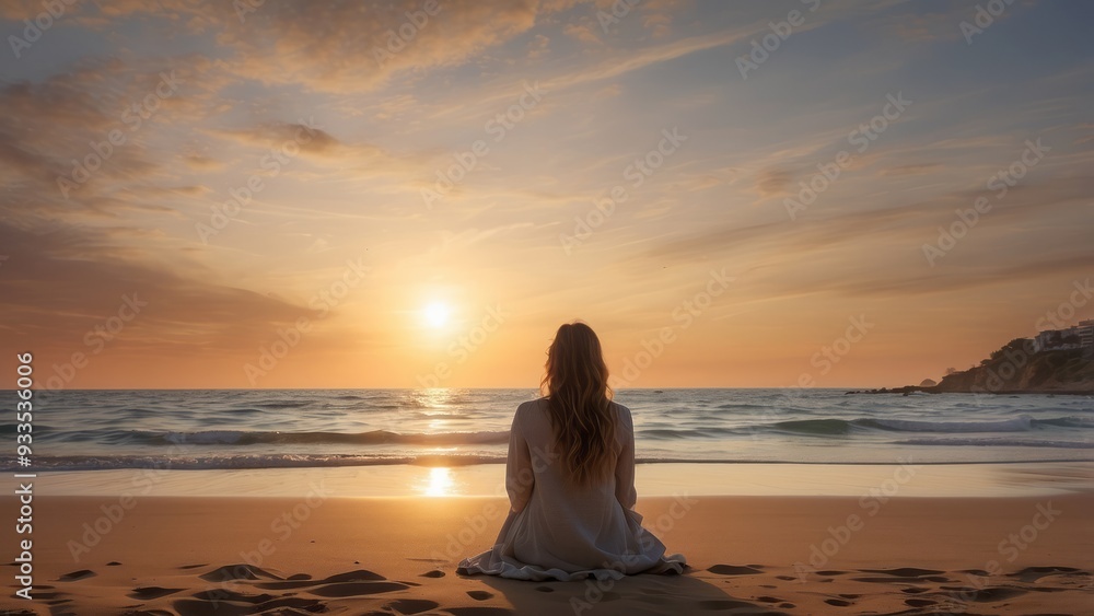 Fototapeta premium Woman in White Sitting on a Sandy Beach at Sunset