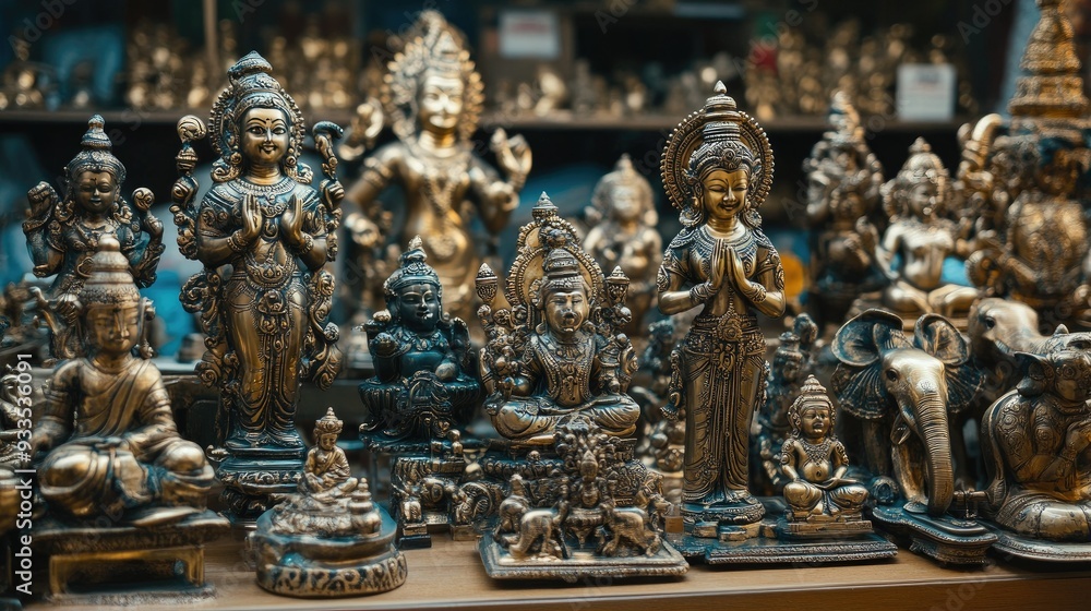 Fototapeta premium A display of intricately designed brass statues, with room on the left for copy