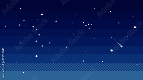 Night sky with stars background in pixel art. Vector illustration.