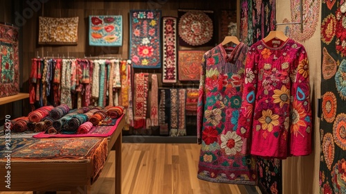 A display of intricately embroidered textiles, with ample space on the left for copy