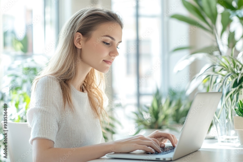 A photorealistic image of a young woman marketer, typing on her laptop in a bright, modern office, the scene styled like a high-end lifestyle magazine A photorealistic image of a young woman marketer, typing on her laptop in a bright, modern office, the scene styled like a high-end lifestyle magazine