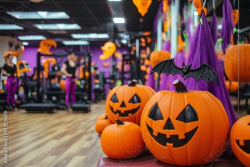 Vibrant gym decorated for Halloween with festive pumpkins and bats photo