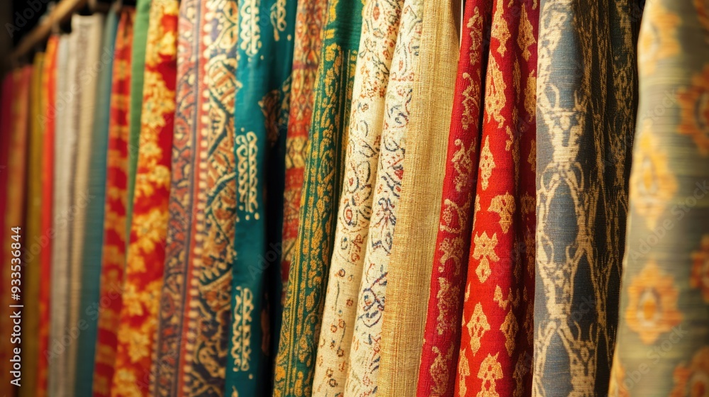 A display of traditional South Asian textiles, with ample space on the left for copy A display of traditional South Asian textiles, with ample space on the left for copy