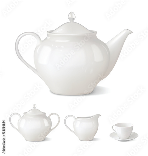 Teapot, sugar bowl, creamer, teacup. Vector illustration