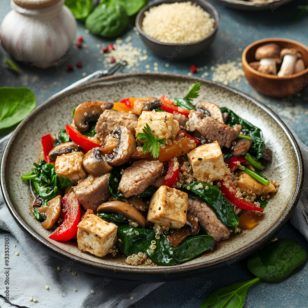 lamb strips stir fry with tofu cubes and capsicum, baby spinach, and mushrooms served with a small serve of quinoa on a plate at a table setting with ingredients included in the picture lamb strips stir fry with tofu cubes and capsicum, baby spinach, and mushrooms served with a small serve of quinoa on a plate at a table setting with ingredients included in the picture
