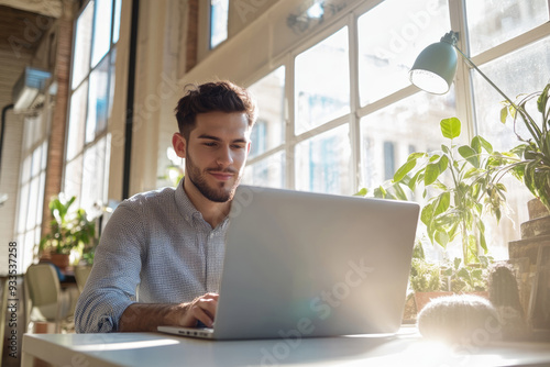 High-resolution brightly lit photorealistic candid photograph of a young marketer focused on his laptop in a bright, airy office with a joyful ambiance. The photograph is styled like a high-end photo