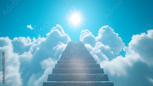 A stairway to heaven, ascending into a bright blue sky, clear day, fluffy white clouds, intense sunburst at the top, lens flare, photorealistic, inspirational.