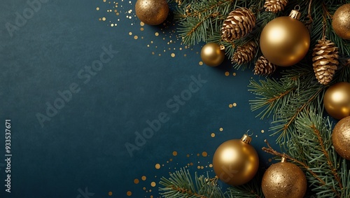 Christmas composition with green pine branch, golden decorations and balls, confetti on blue background with copy space. Top view, Flat lay. Xmas banner mockup, vintage postcard template