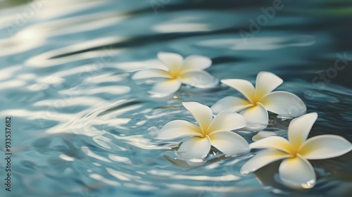 Frangipani Flowers Floating on Serene Tropical Water with Gentle Ripples and Reflections