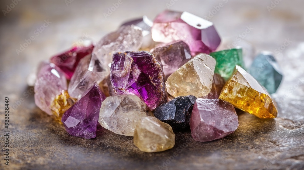 A pile of rough uncut gems with a soft background leaving room for text on the right A pile of rough uncut gems with a soft background leaving room for text on the right