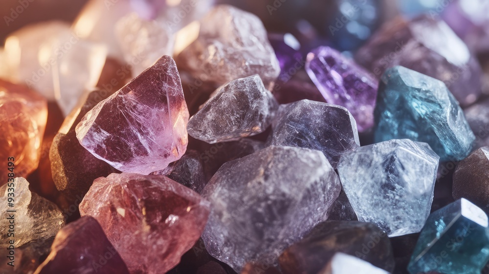 A pile of rough uncut gems with a soft background leaving room for text on the right