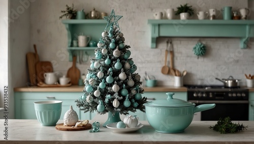 Christmas decor in kitchen. Christmas tableware. Christmas cooking utensils. Bright interior, New Year's cuisine. New Year card template. White Mint Colors Kitchen. Christmas tree in the kitchen