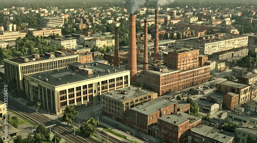 Aerial view of an industrial area with factories and smokestacks amidst a city landscape.