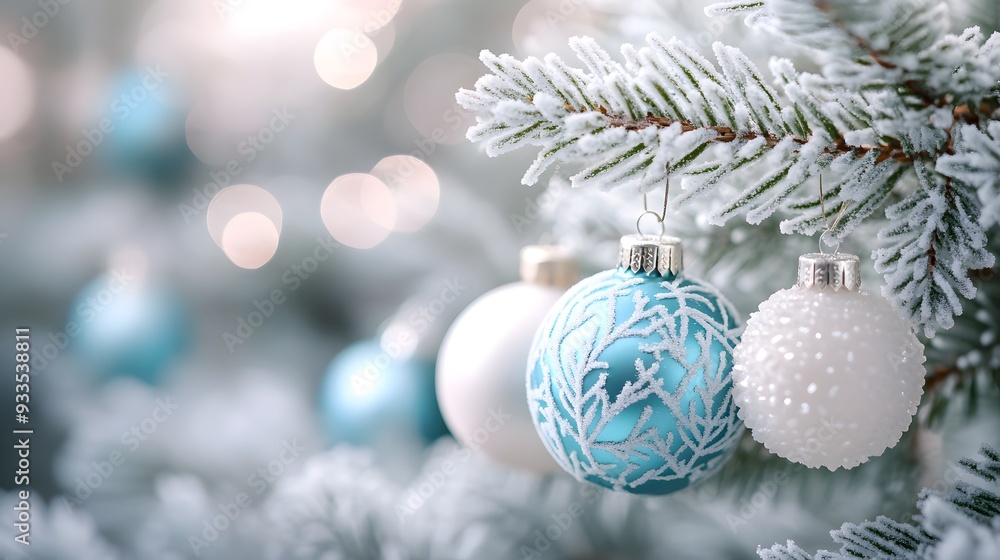 Christmas tree close-up, frosty pine branches, white and turquoise ornaments, textured baubles, soft focus background, bright lighting, high-key image, festive atmosphere. Christmas tree close-up, frosty pine branches, white and turquoise ornaments, textured baubles, soft focus background, bright lighting, high-key image, festive atmosphere.