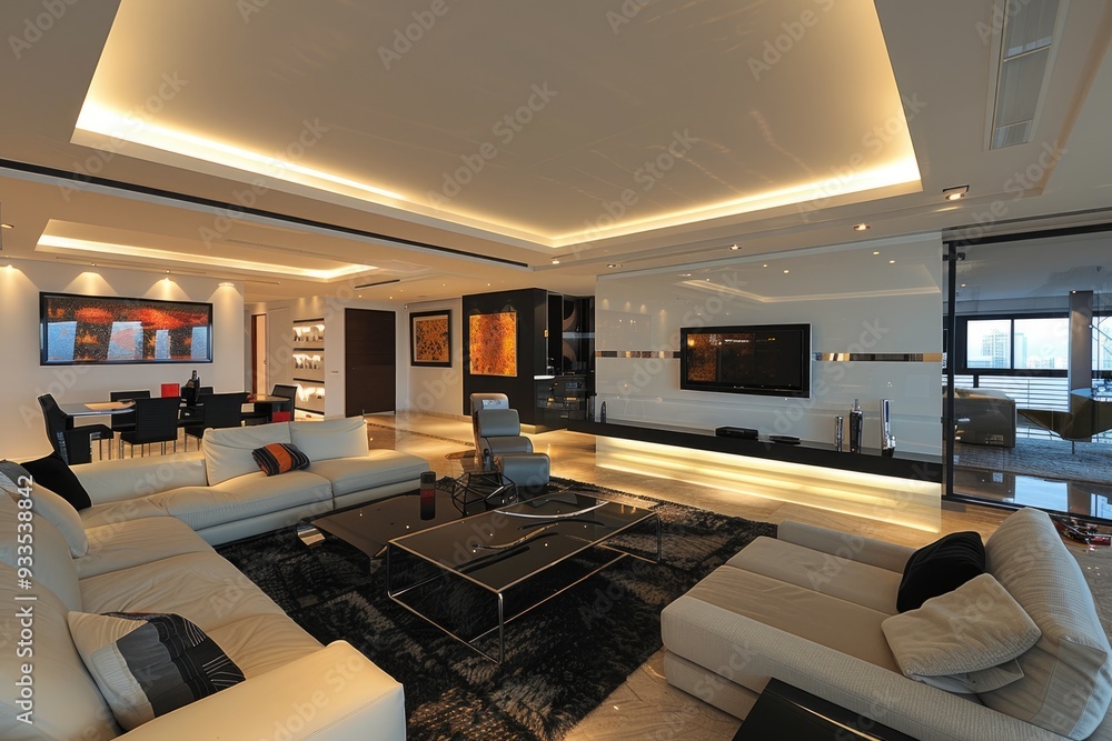 Spacious modern living room with elegant decor and sleek design Spacious modern living room with elegant decor and sleek design