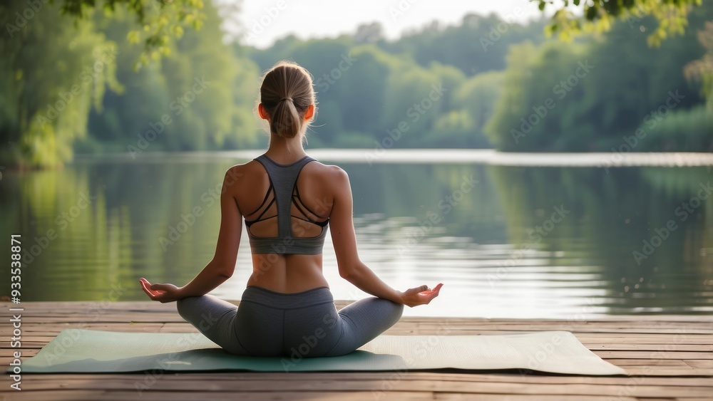 Fototapeta premium Woman Meditating in Lotus Position by a Lake