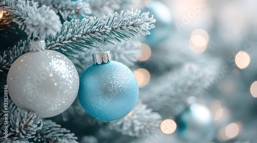 Christmas tree close-up, frosty pine branches, white and turquoise ornaments, textured baubles, soft focus background, bright lighting, high-key image, festive atmosphere.