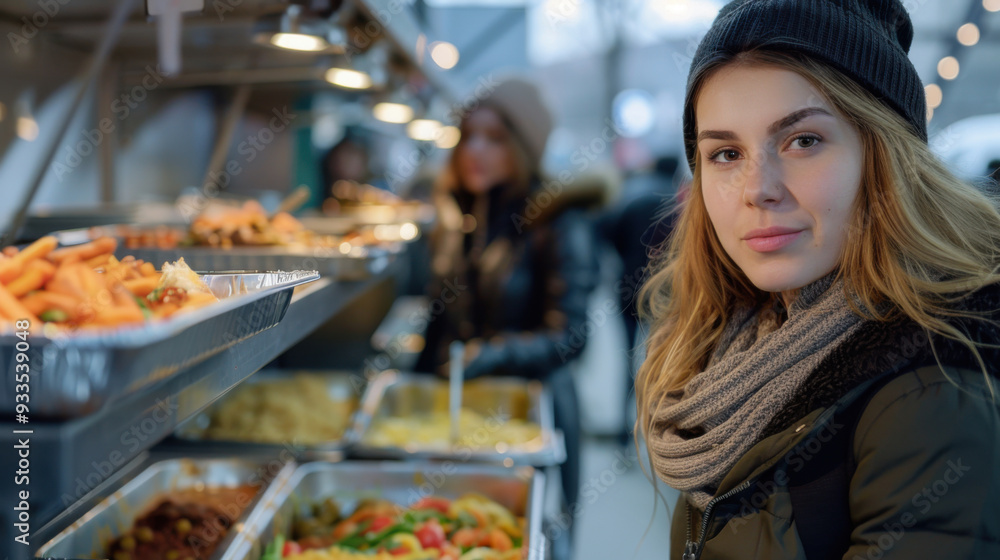 Bustling outdoor winter food market with warmly dressed customers selecting from various hot dishes. Generative ai Bustling outdoor winter food market with warmly dressed customers selecting from various hot dishes. Generative ai