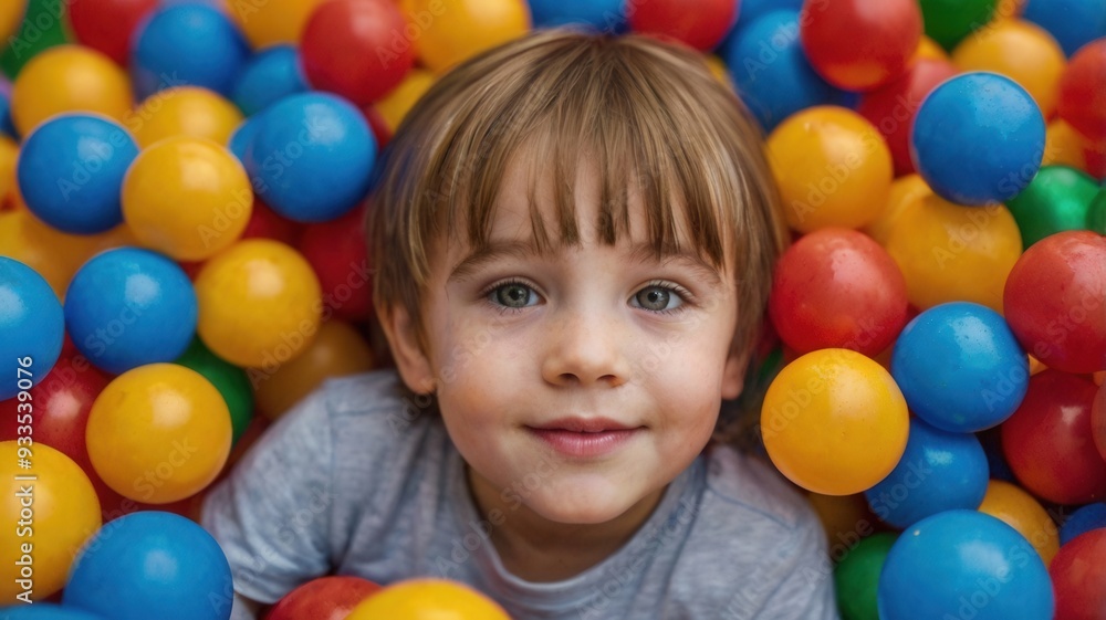 Obraz premium Happy Children Playing in Colorful Ball Pit, Smiling Together at Indoor Playground for Kids' Entertainment