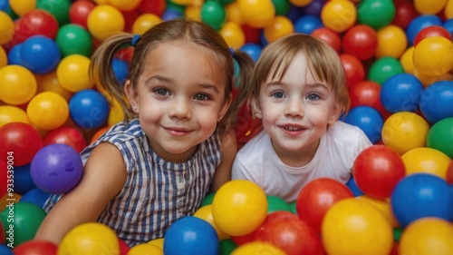 Happy Children Playing in Colorful Ball Pit, Smiling Together at Indoor Playground for Kids' Entertainment