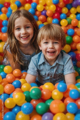 Happy Children Playing in Colorful Ball Pit, Smiling Together at Indoor Playground for Kids' Entertainment