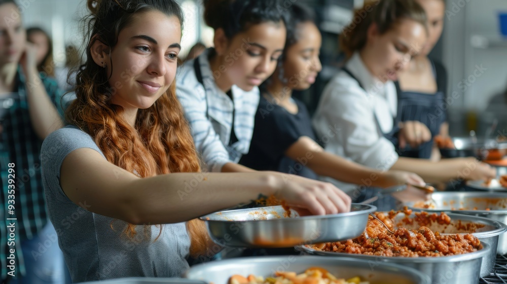 Young Multiracial Volunteers Serving Food at Community Kitchen Event - Teamwork, Charity, and Service Concept. Generative ai Young Multiracial Volunteers Serving Food at Community Kitchen Event - Teamwork, Charity, and Service Concept. Generative ai