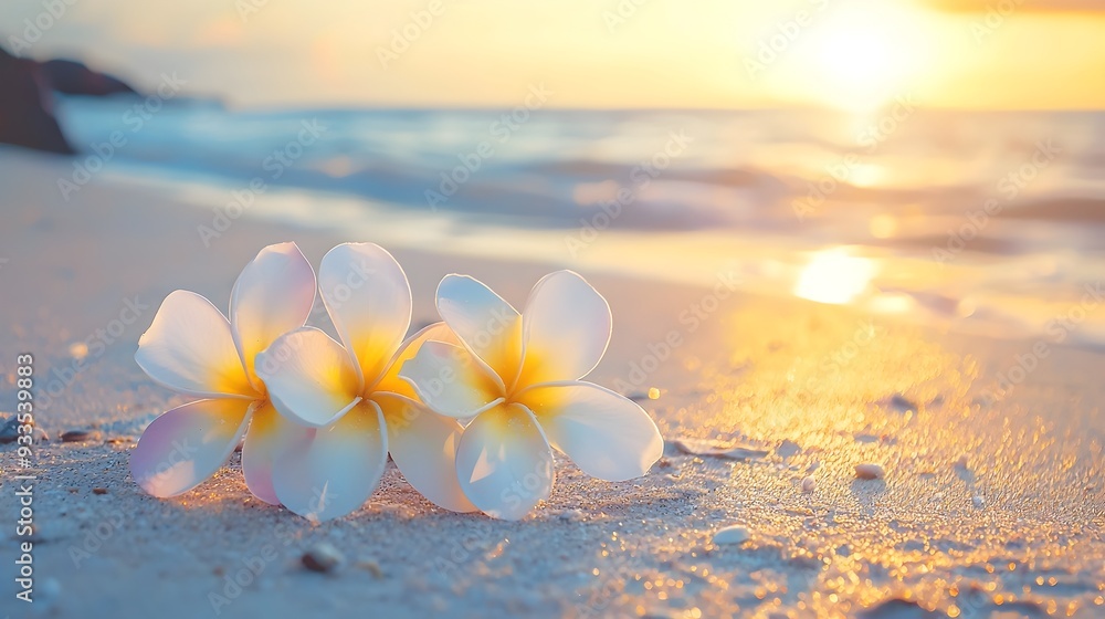 Frangipani Petals Scattered on Serene Sandy Beach with Soft Evening Lighting