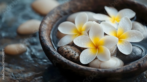 Frangipani Flowers in a Rustic Bowl with Natural Stones and Water,Zen-Inspired Calming Atmosphere
