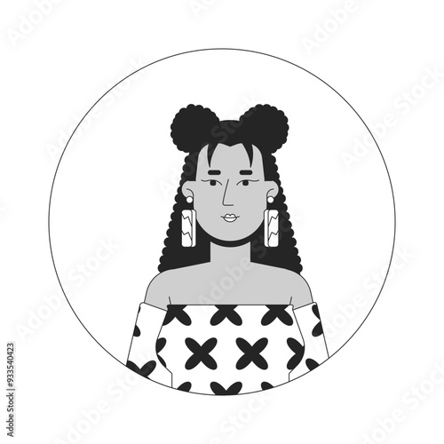 Pretty latina woman in bare shoulder top black and white 2D vector avatar illustration. Hispanic young female outline cartoon character face isolated. Corporate casual flat user profile image portrait